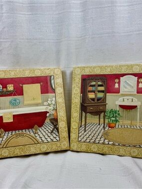 Elizabeth Medley Red Bain or Red Master Bath Wall Plaques Set of 2